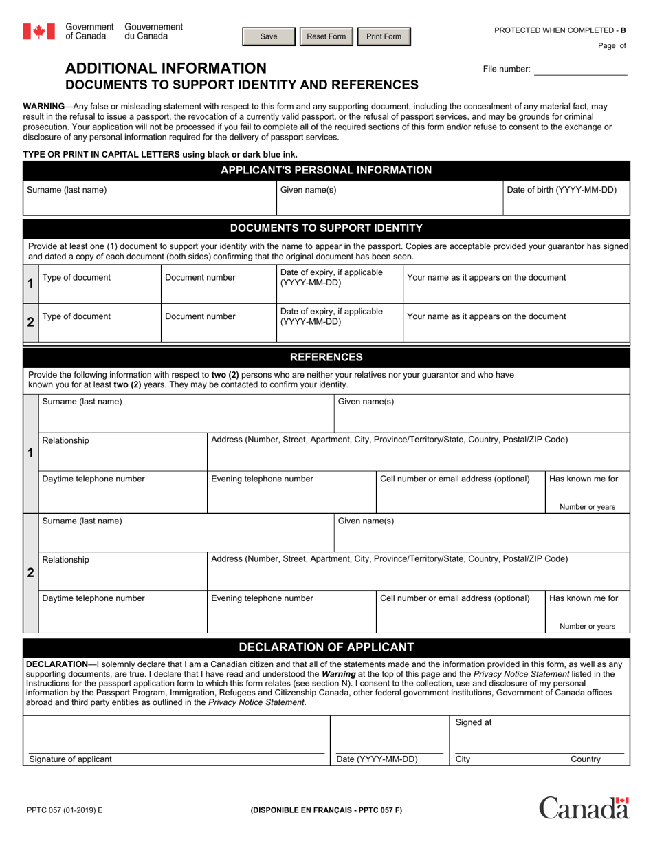 Form PPTC057 Additional Information - Documents to Support Identity and References - Canada, Page 1