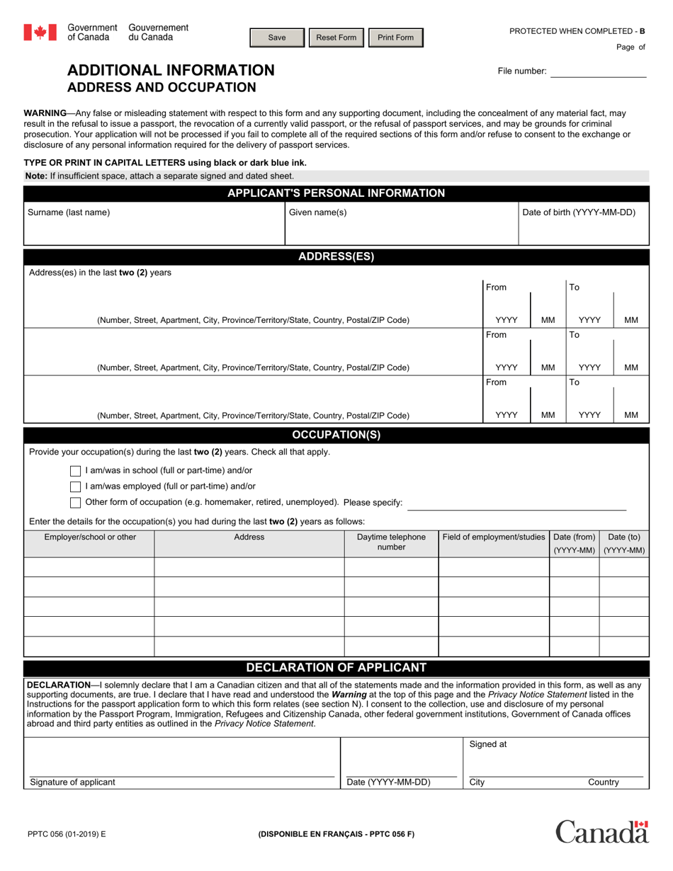 Form PPTC056 Additional Information - Address and Occupation - Canada, Page 1