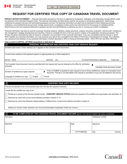 Form PPTC516 Request for Certified True Copy of Canadian Travel Document - Canada
