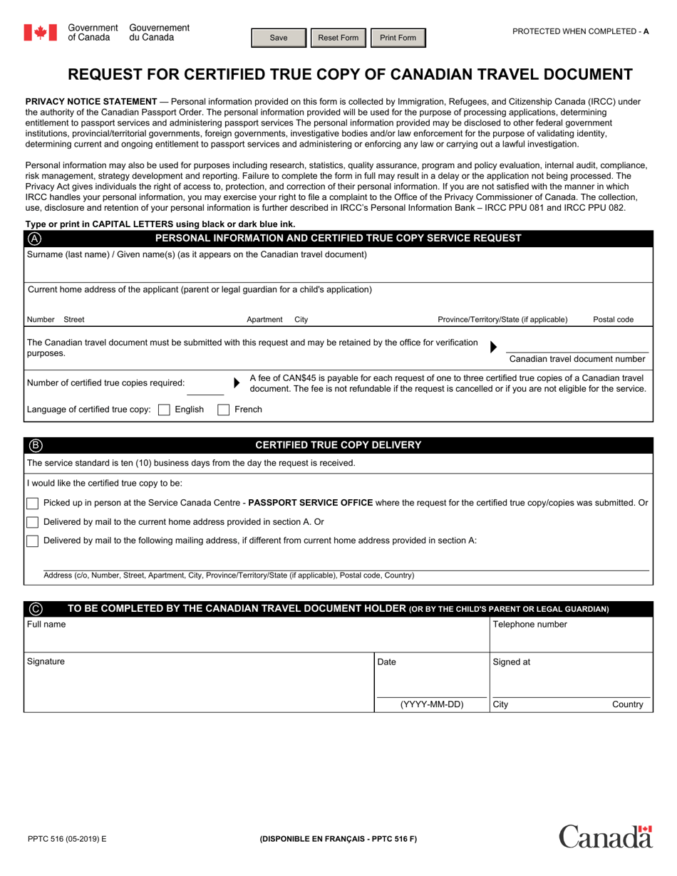 Form PPTC516 Request for Certified True Copy of Canadian Travel Document - Canada, Page 1