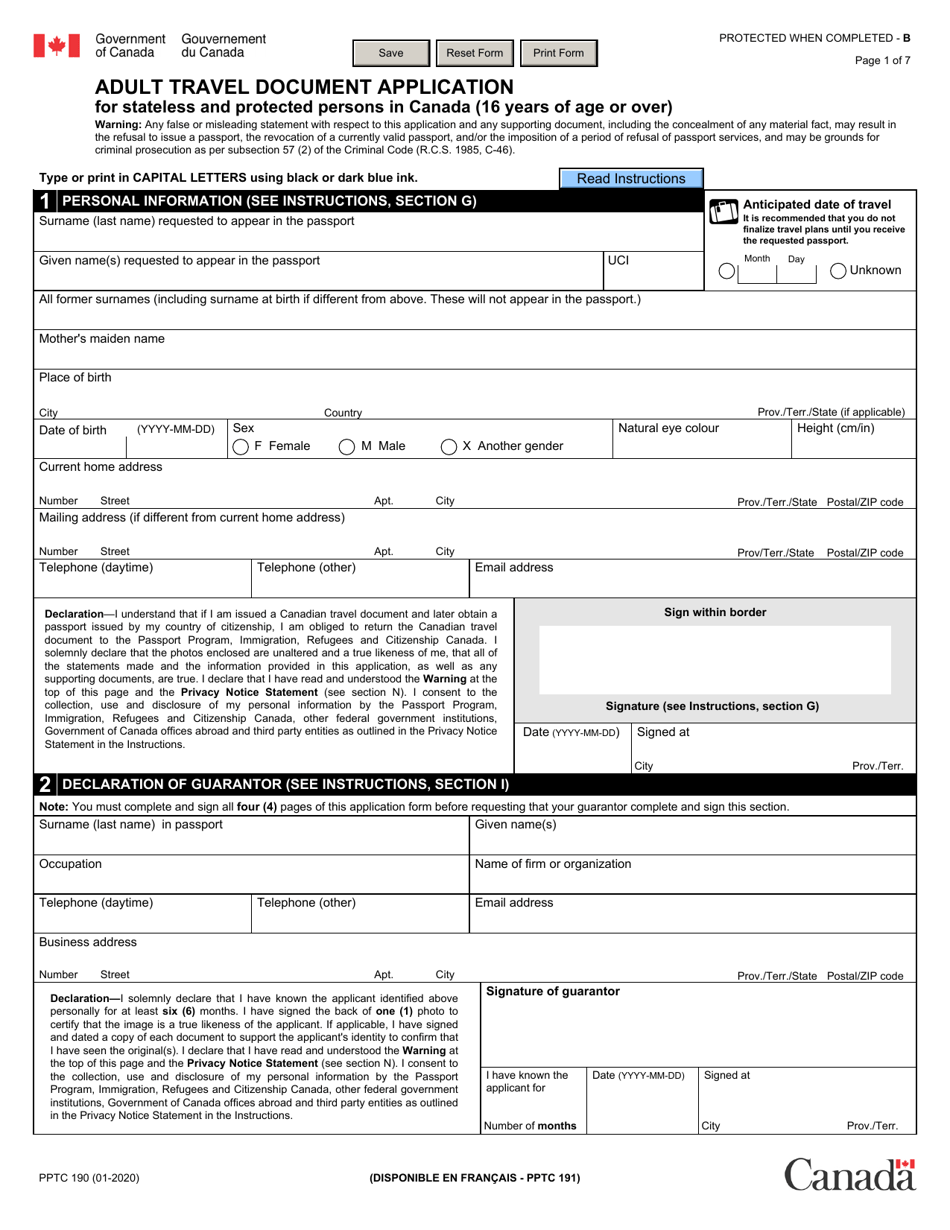 Form PPTC190 Adult Travel Document Application for Stateless and Protected Persons in Canada (16 Years of Age or Over) - Canada, Page 1