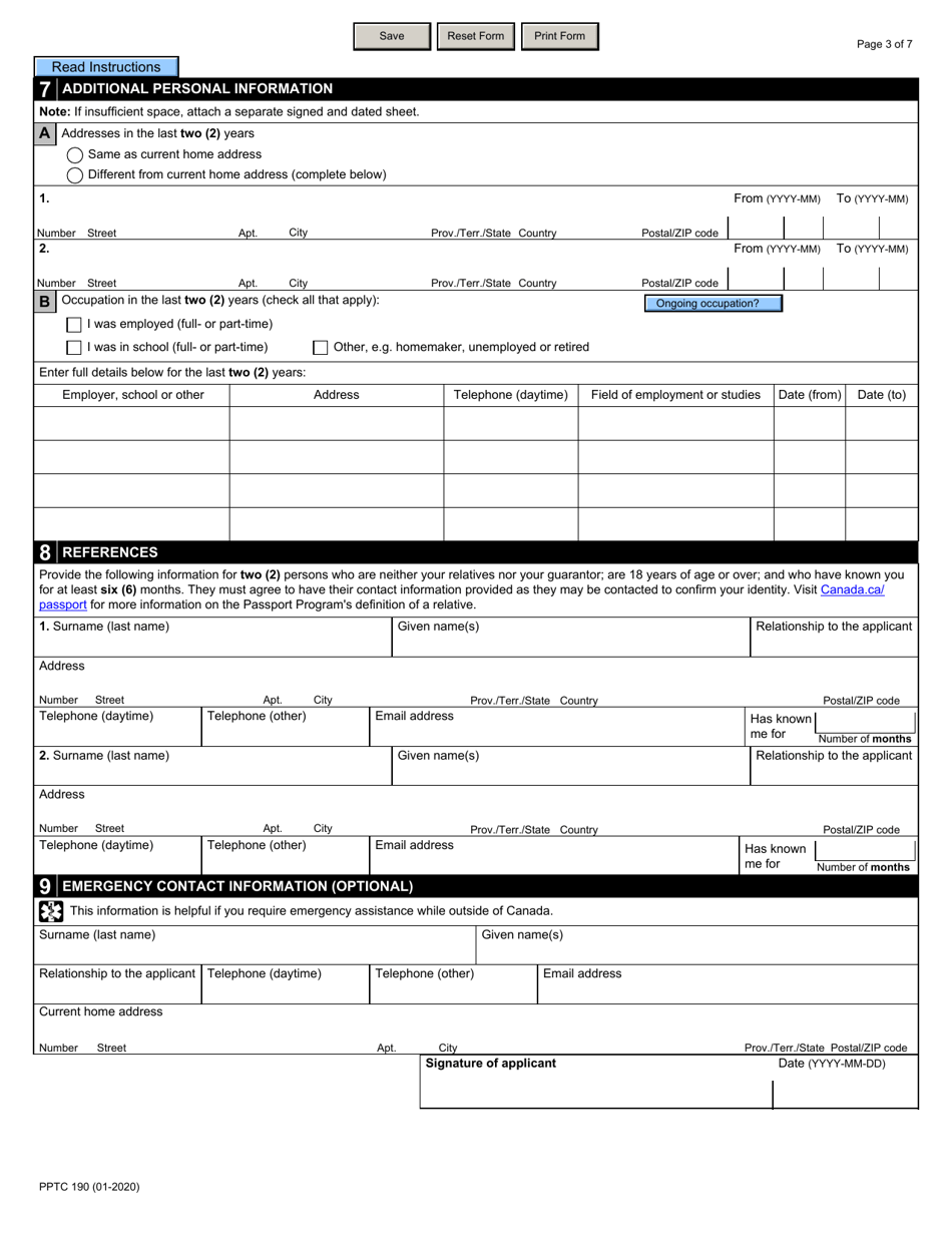 Form PPTC190 Adult Travel Document Application for Stateless and Protected Persons in Canada (16 Years of Age or Over) - Canada, Page 3