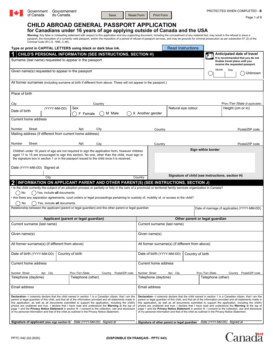 Form PPTC042 Child Abroad General Passport Application for Canadians Under 16 Years of Age Applying Outside of Canada and the Usa - Canada, Page 1