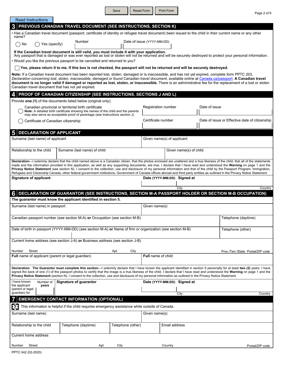 Form PPTC042 Child Abroad General Passport Application for Canadians Under 16 Years of Age Applying Outside of Canada and the Usa - Canada, Page 2
