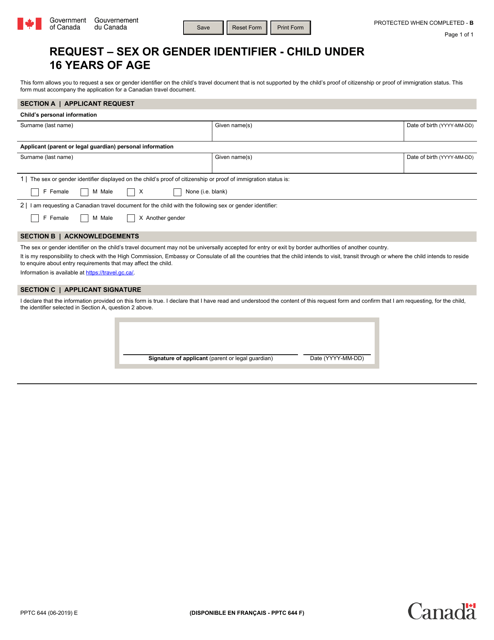 Form PPTC644 Request - Sex or Gender Identifier - Child Under 16 Years of Age - Canada