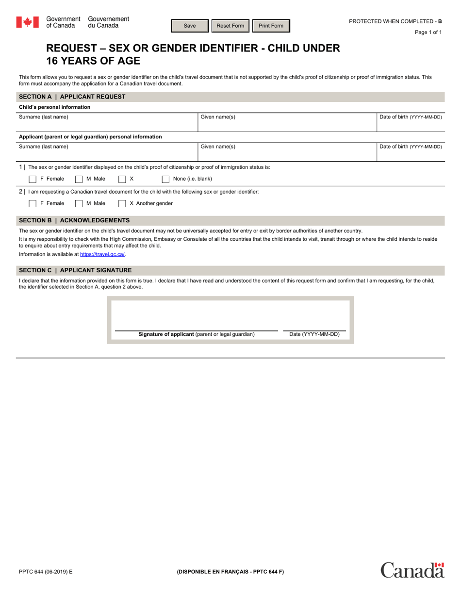 Form PPTC644 Request - Sex or Gender Identifier - Child Under 16 Years of Age - Canada, Page 1