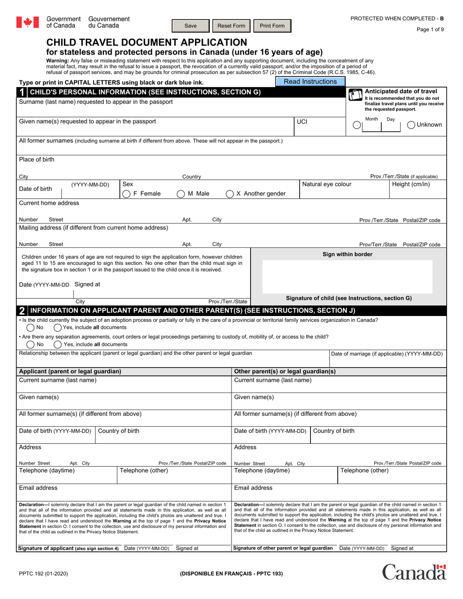 Form PPTC192 Child Travel Document Application for Stateless and Protected Persons in Canada (Under 16 Years of Age) - Canada, Page 1