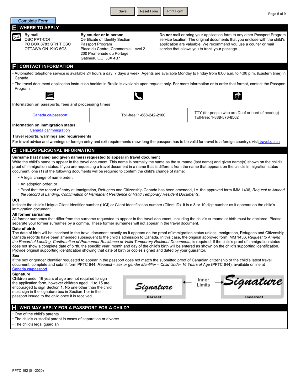 Form PPTC192 Child Travel Document Application for Stateless and Protected Persons in Canada (Under 16 Years of Age) - Canada, Page 5