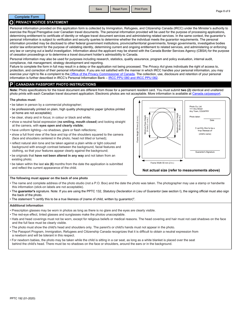Form PPTC192 Child Travel Document Application for Stateless and Protected Persons in Canada (Under 16 Years of Age) - Canada, Page 8