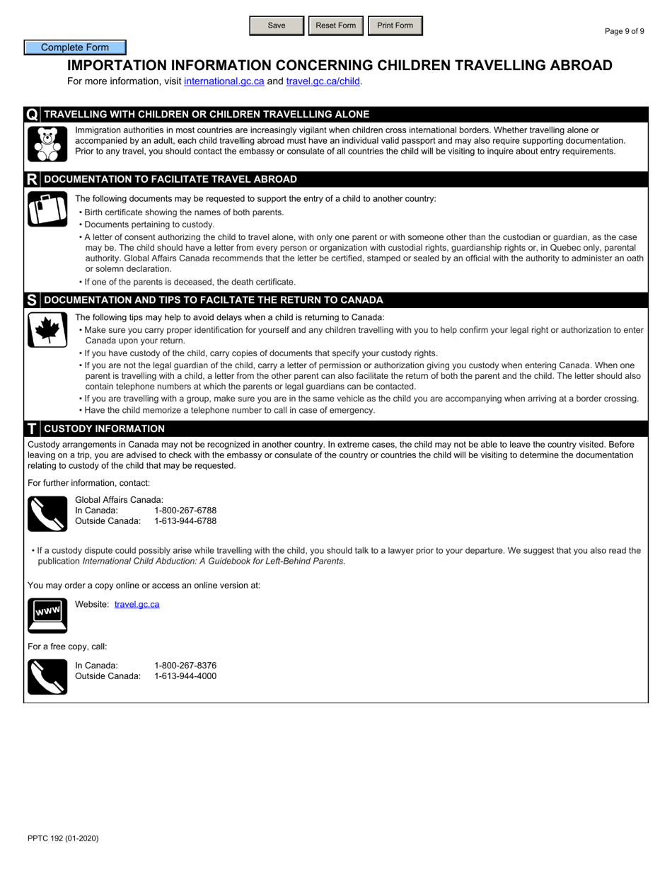 Form PPTC192 Child Travel Document Application for Stateless and Protected Persons in Canada (Under 16 Years of Age) - Canada, Page 9