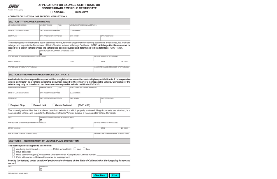 Form REG488C Application for Salvage Certificate or Non Repairable Vehicle Certificate - California, Page 1