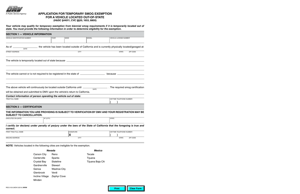 Form REG5103 Application for Temporary Smog Exemption for a Vehicle Located out-Of-State - California