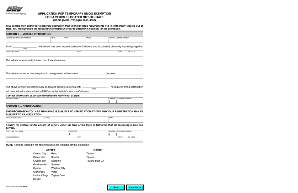 Form REG5103 Application for Temporary Smog Exemption for a Vehicle Located out-Of-State - California, Page 1