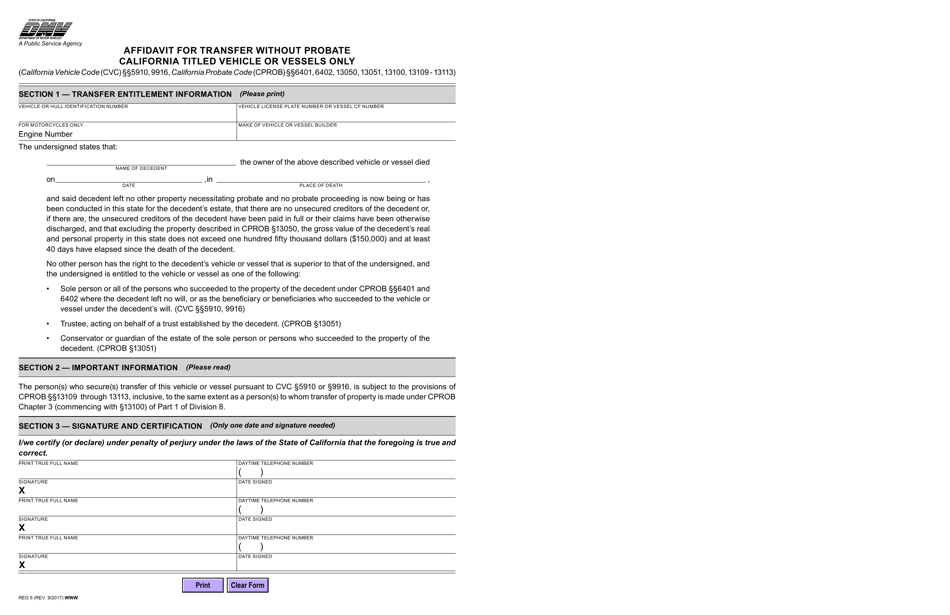 Form REG5 Affidavit for Transfer Without Probate - California Titled Vehicle or Vessels Only - California, Page 1