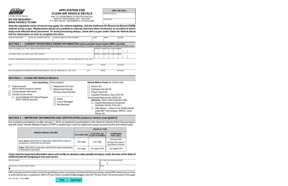 Form REG1000 Application for Clean Air Vehicle Decals - California, Page 1