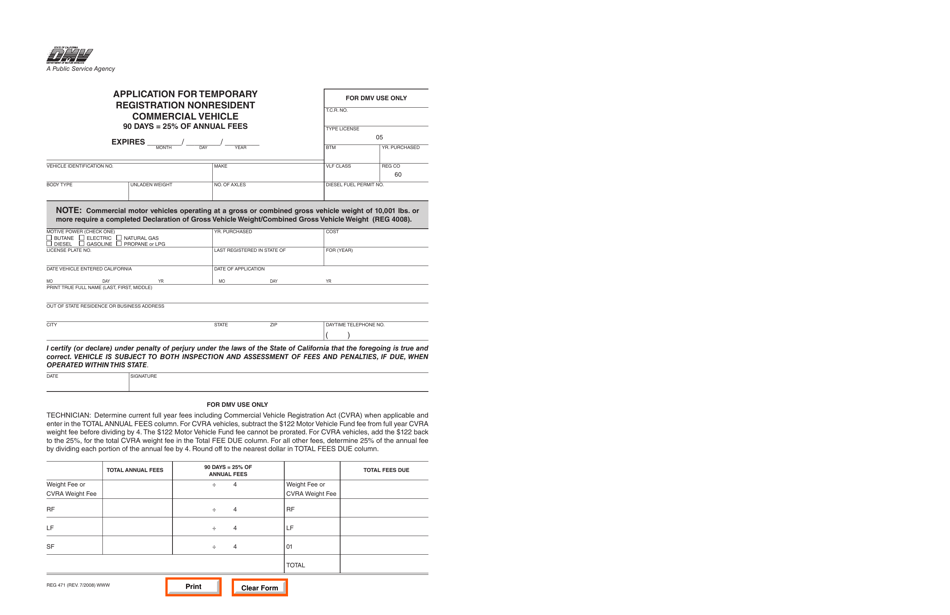 Form REG471 Application for Temporary Registration Nonresident Commercial Vehicle - California, Page 1