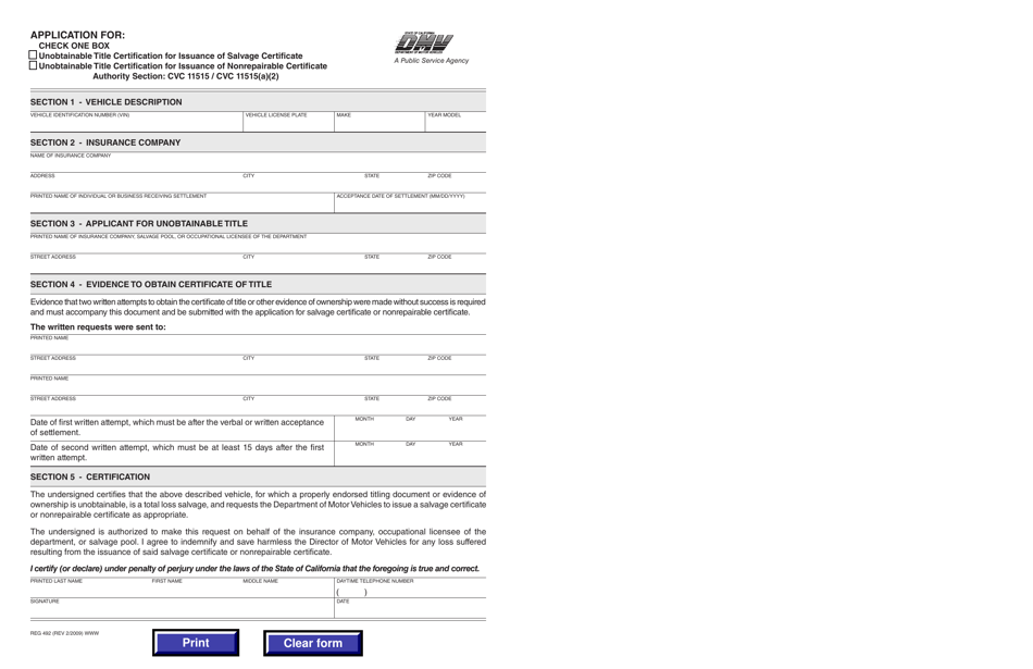 Form REG492 Unobtainable Title Certification for Issuance of Salvage Certificate - California, Page 1