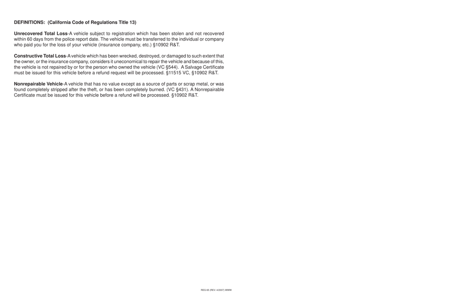 Form REG65 Application for Vehicle License Fee Refund - California, Page 2