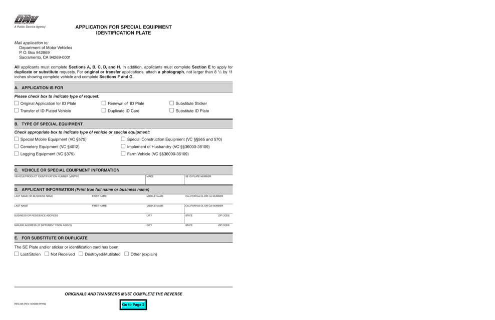 Form REG88 Application for Special Equipment Identification Plate - California