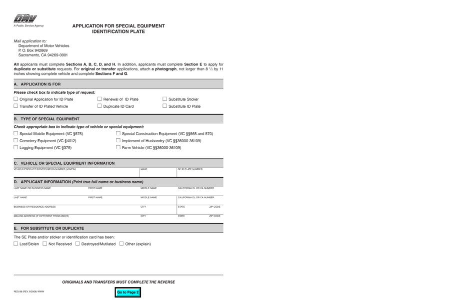 Form REG88 Application for Special Equipment Identification Plate - California, Page 1