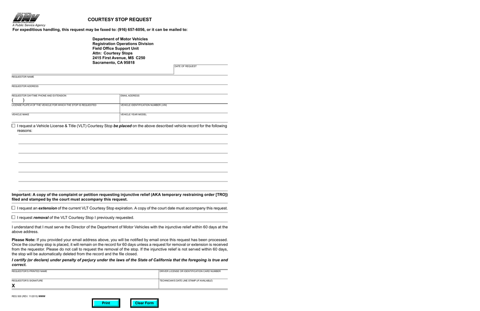 Form REG500 Courtesy Stop Request - California, Page 1