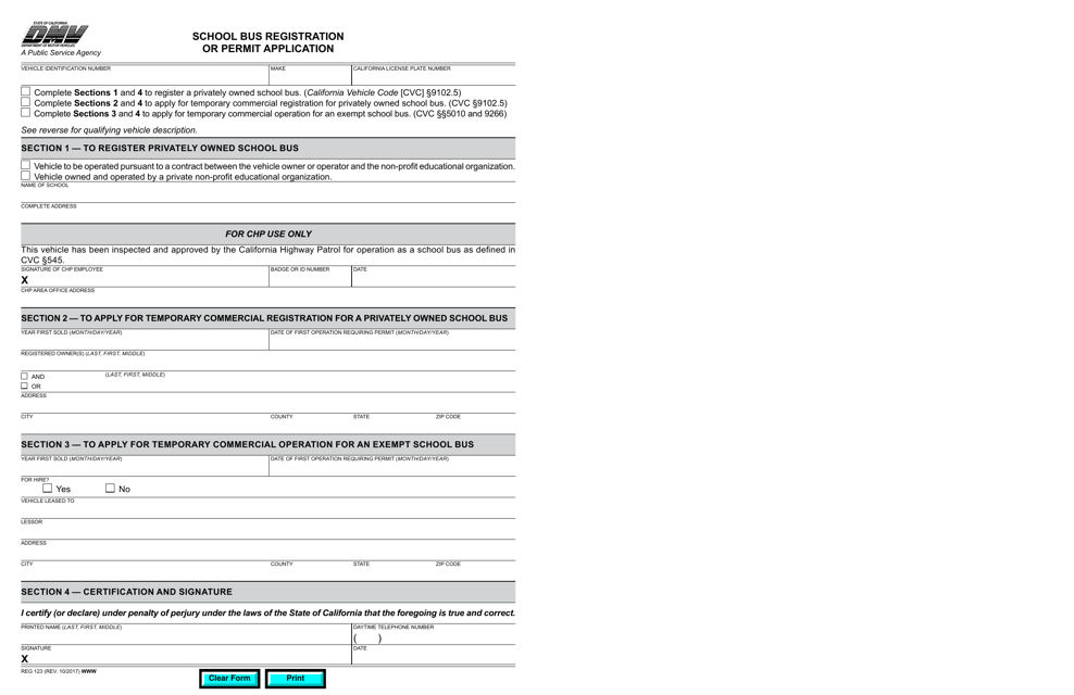 Form REG123 School Bus Registration or Permit Application - California