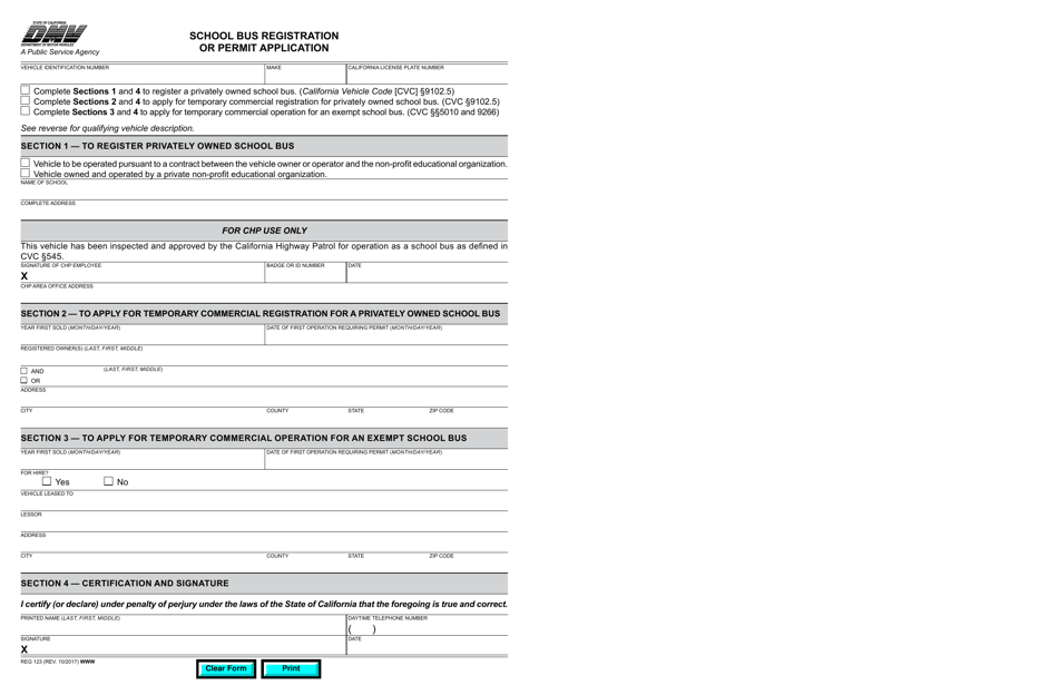 Form REG123 School Bus Registration or Permit Application - California, Page 1