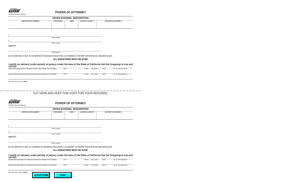 Form REG260 Power of Attorney - California, Page 1