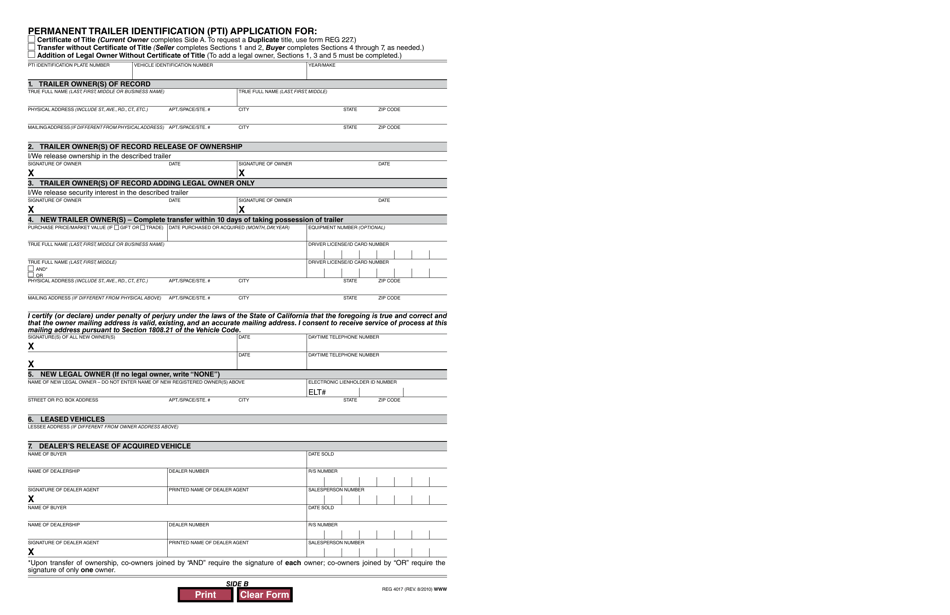 Form REG4017 Permanent Trailer Identification (Pti) Certification - California, Page 2