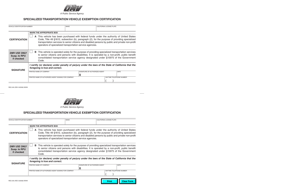 Form REG345 Specialized Transportation Vehicle Exemption Certification - California, Page 1