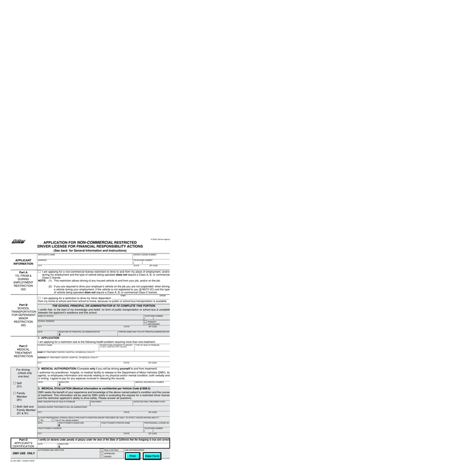 Form DL691 Application for Non-commercial Restricted Driver License for Financial Responsibility Actions - California, Page 1