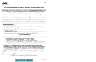 Form DL300 Declaration Regarding Certificate of Insurance for Non-resident Driver - California, Page 2