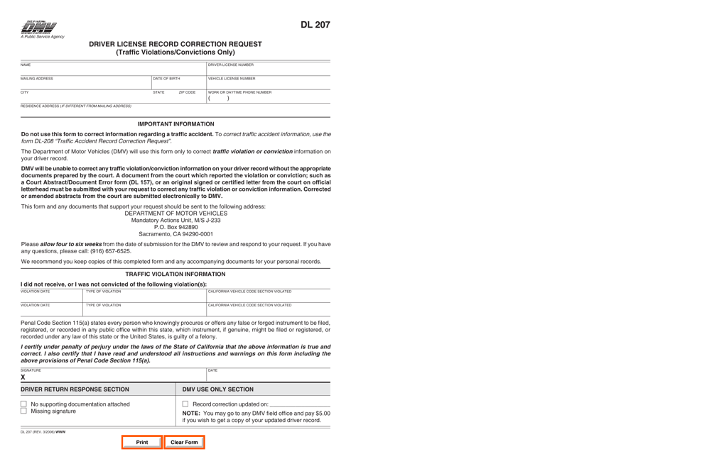 Form DL207 Driver License Record Correction Request (Traffic Violations/Convictions Only) - California