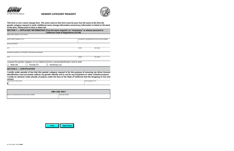 Form DL329 S Gender Category Request - California