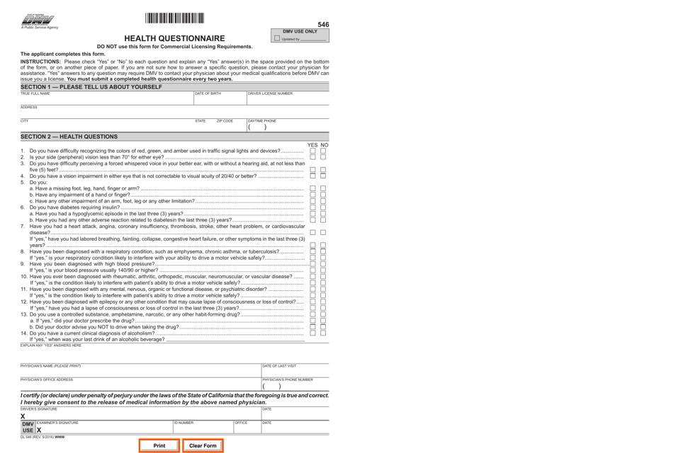 Form DL546 Health Questionnaire - California