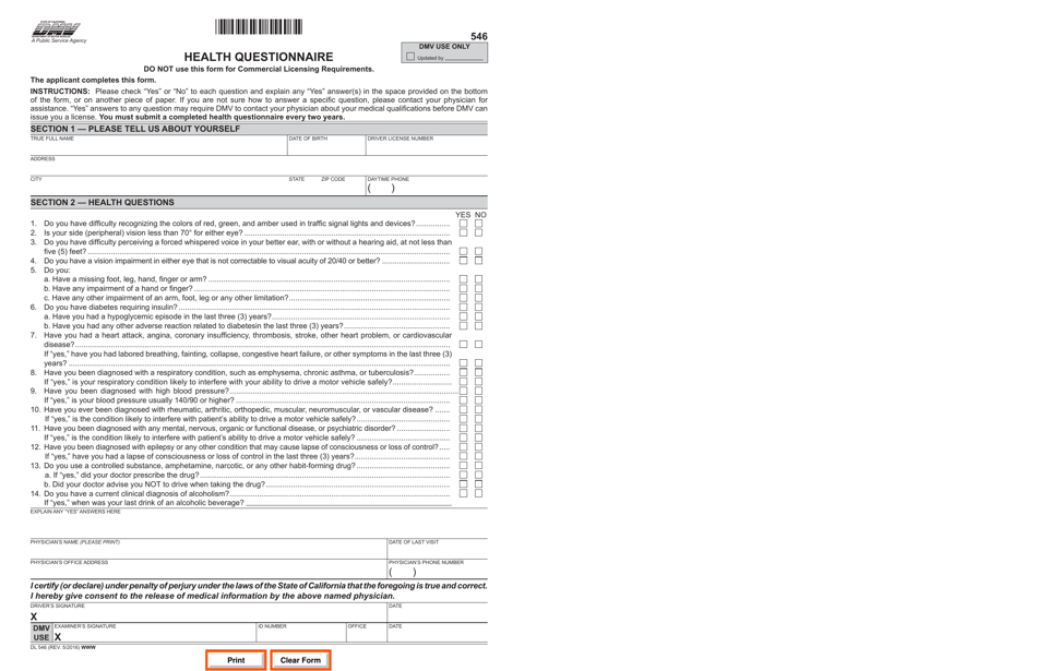 Form DL546 Health Questionnaire - California, Page 1