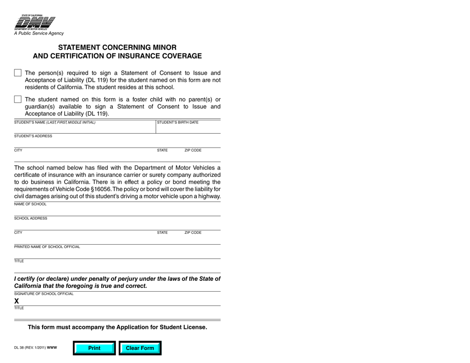 Form DL38 Statement of Facts Concerning a Minor  Certificate of Insurance Coverage - California, Page 1