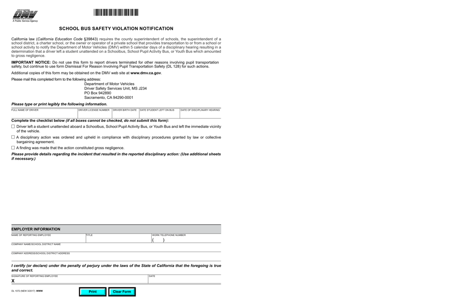 Form DL1072 School Bus Safety Violation Notification - California, Page 1