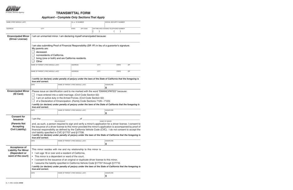 Form DL11 Transmittal Form - California, Page 1