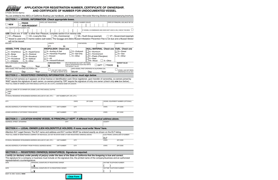Form BOAT101 Application for Registration Number, Certificate of Ownership, and Certificate of Number for Undocumented Vessel - California, Page 1