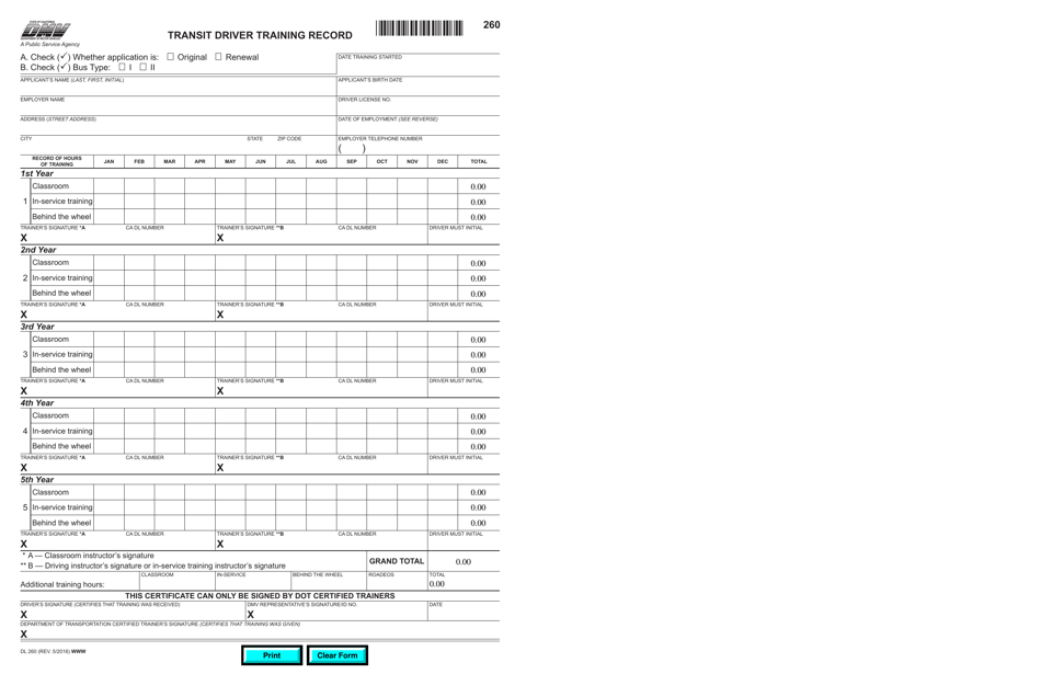 Form DL260 Transit Driver Training Record - California, Page 1