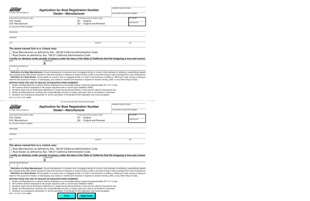 Form BOAT101A Application for Boat Registration Number Dealer-Manufacturer - California