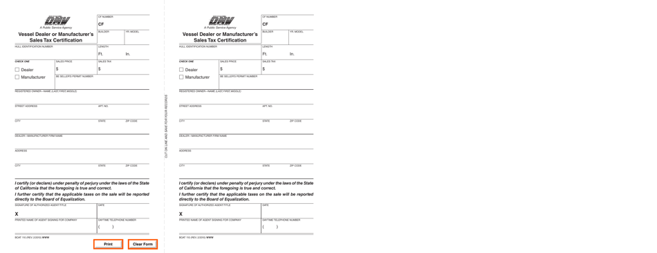 Form BOAT110 Vessel Dealer or Manufacturers Sales Tax Certification - California, Page 1