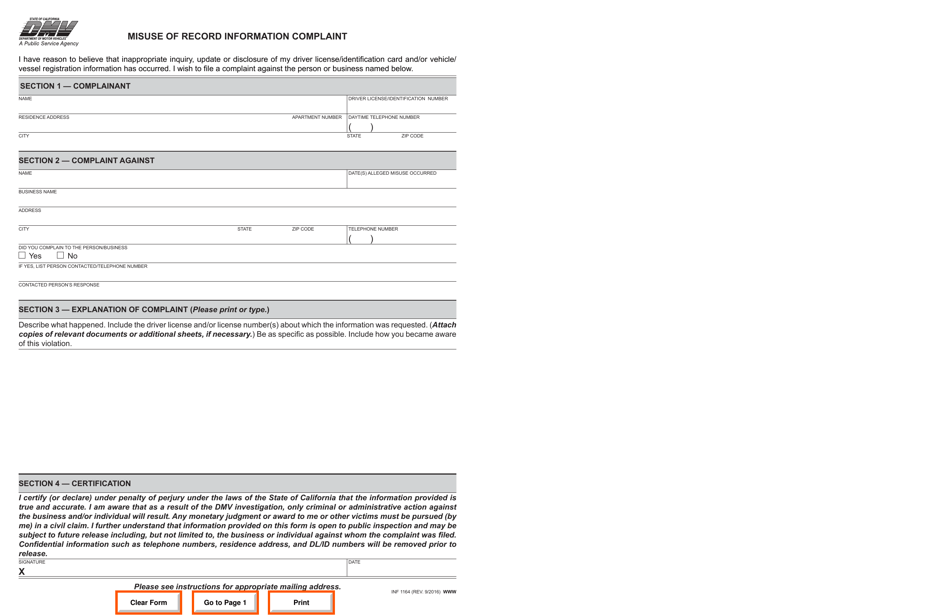 Form INF1164 Misuse of Record Information Complaint - California, Page 2