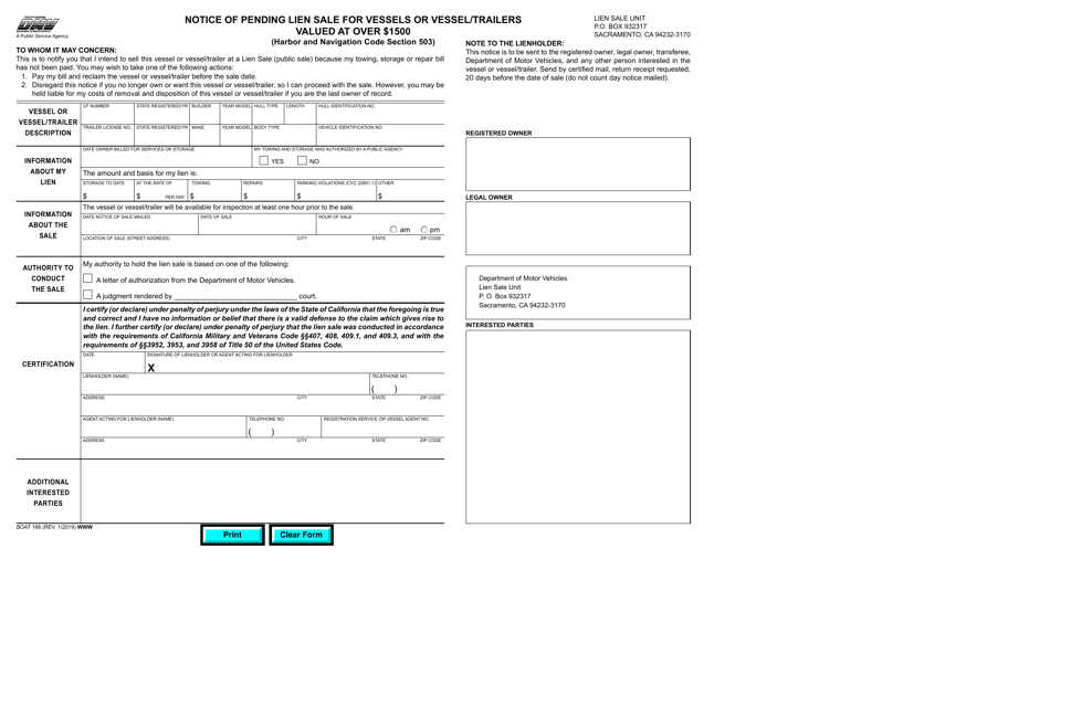 Form BOAT166 Notice of Pending Lien Sale for Vessels or Vessel/Trailers Valued at Over $1500 - California
