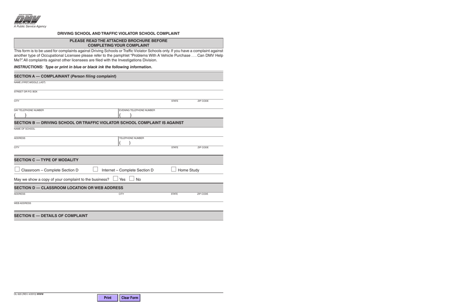 Form OL620 Driving School and Traffic Violator School Complaint - California, Page 3