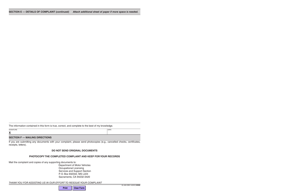 Form OL620 Driving School and Traffic Violator School Complaint - California, Page 4