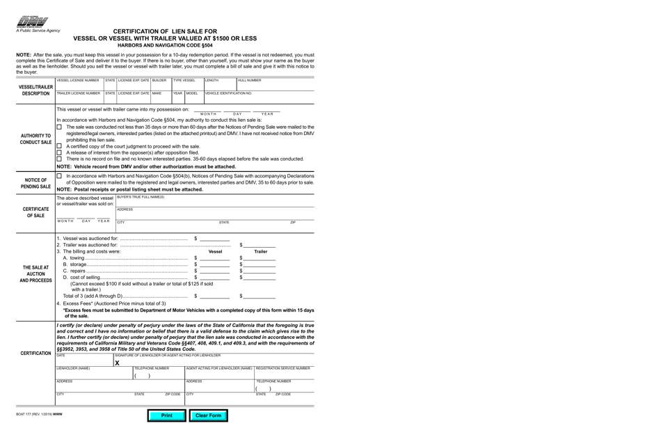 Form BOAT177 Certification of Lien Sale for Vessel or Vessel With Trailer Valued at $1500 or Less - California, Page 1
