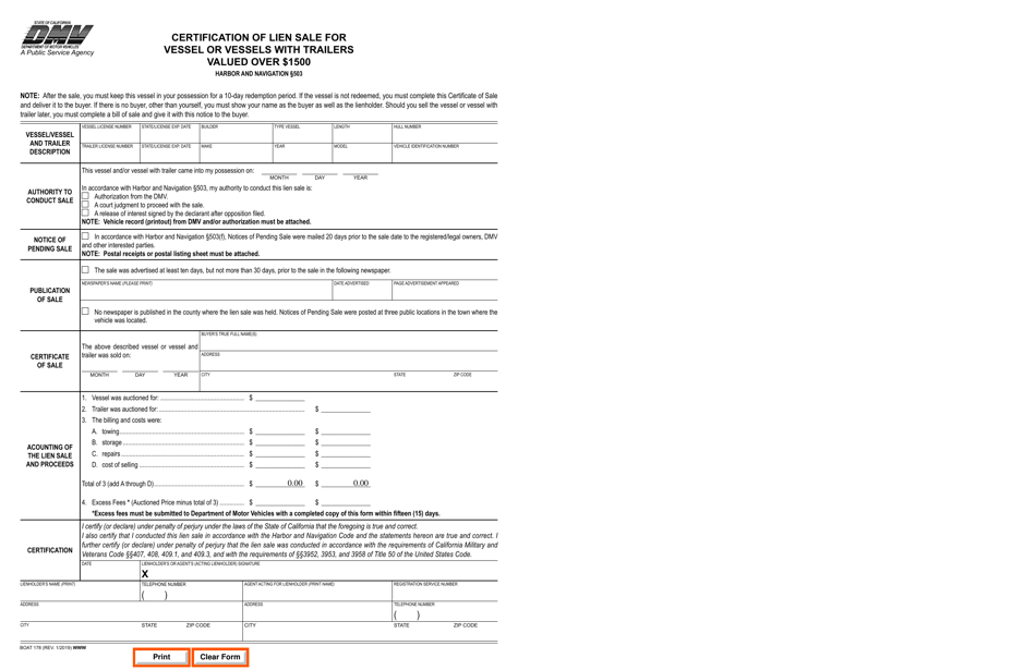 Form BOAT178 Certification of Lien Sale for Vessel or Vessels With Trailers Valued Over $1500 - California, Page 1