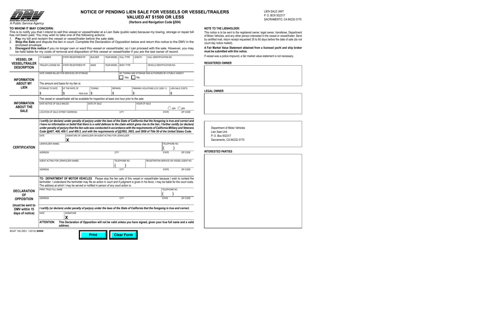 Form BOAT156 Notice of Pending Lien Sale for Vessels or Vessel/Trailers Valued at $1500 or Less - California